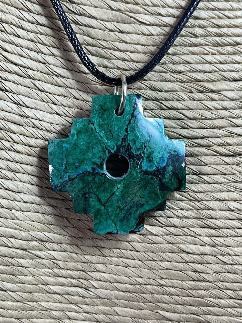 Chrysocolla Natural Stone Chakana Pendant Handmade in Peru 1.25" Inca Cross